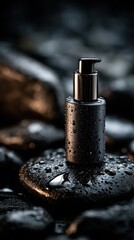 A tube of face cream or a bottle of serum on a wet glossy black stone with water droplets