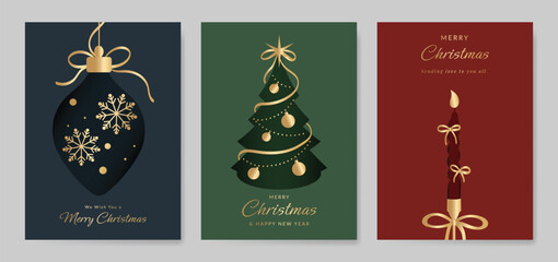 Christmas Luxury gold  invitation card design vector. Christmas pine leaves, snowflake with gold foil and spot texture on navy blue background. Design illustration for cover, print, poster, ads.