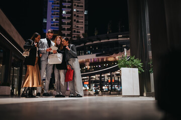 A diverse group of young professionals gathers in a modern urban plaza at night, examining a tablet together as they discuss ideas, amid shopping bags and bright city lights.