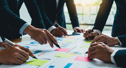 Team of business colleagues collaborates on strategic planning, reviewing documents and diagrams. They discuss ideas in a professional setting.