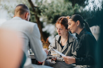 A small group of colleagues meets at an outdoor cafe, reviewing documents and exchanging ideas in a relaxed, collaborative atmosphere surrounded by greenery.