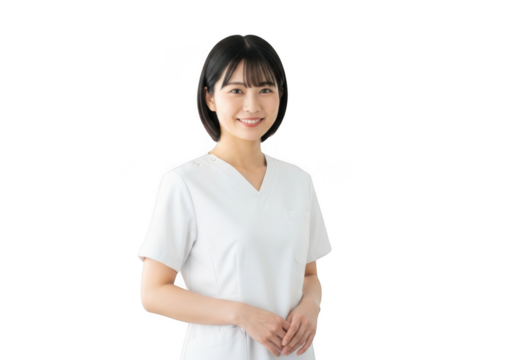 Young asian woman wearing a white scrub top smiling gently with her hands clasped in front isolated on transparent background