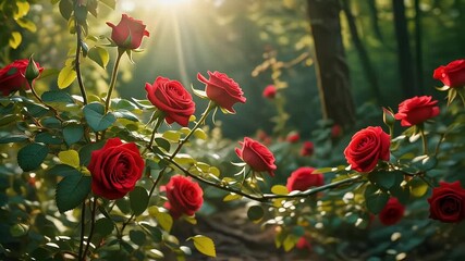 Enchanting Path of Red Roses A Sunlit Garden Dream