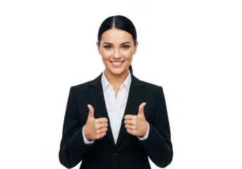 Smiling professional businesswoman wearing a dark suit and white shirt giving two thumbs up gesture isolated on transparent background