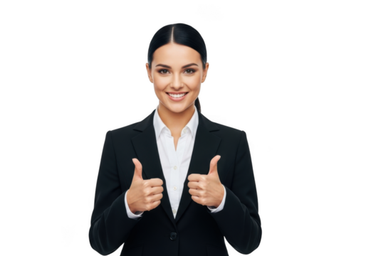 Smiling professional businesswoman wearing a dark suit and white shirt giving two thumbs up gesture isolated on transparent background - Powered by Adobe