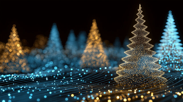 Enchanting Christmas trees illuminated against the backdrop of a starry night, spreading the spirit of festive season. - Powered by Adobe