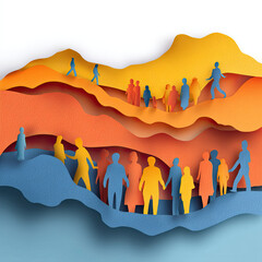 Paper Cut Layered Illustration of People Moving Across Landscapes