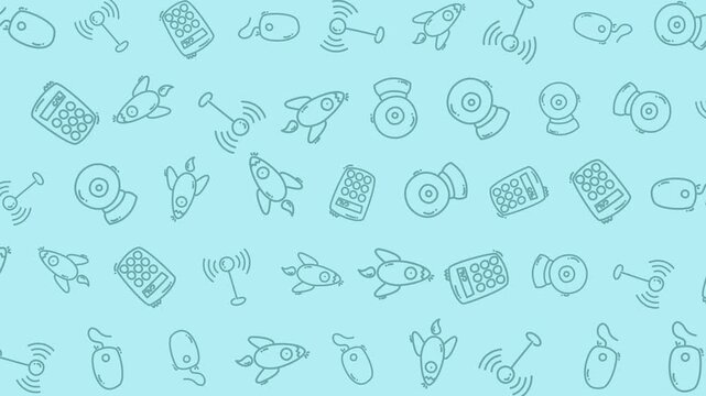 A repeating pattern of hand-drawn icons for technology and space exploration on a light blue background.