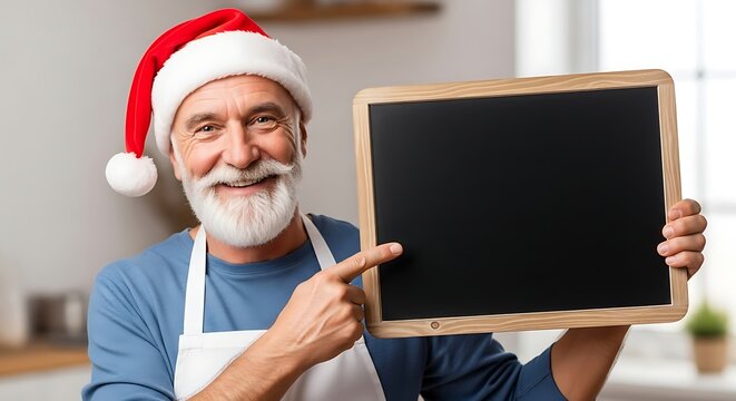 Happy elderly man in santa hat holding blank chalkboard with smile