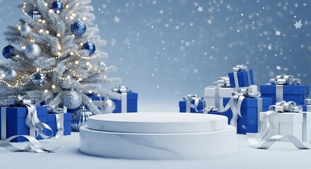 Christmas tree with blue gifts isolated on white background