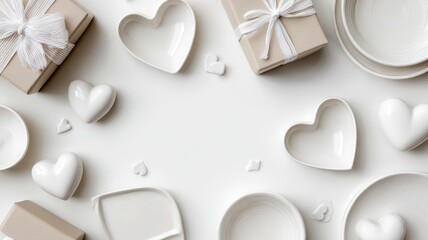 Valentine’s day table setting with heart-shaped plates, red and white gift boxes, and scattered paper hearts on a clean white background for romantic celebration and love-themed decor