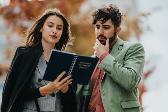 A man and a woman stand outside in autumn colors, examining a dark spiral notebook. They look thoughtful and connected, sharing ideas and planning together.