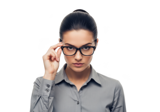 Professional woman adjusting her eyeglasses with a serious expression isolated on transparent background