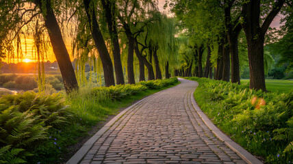 Scenic cobblestone pathway through green trees at sunset in summer park