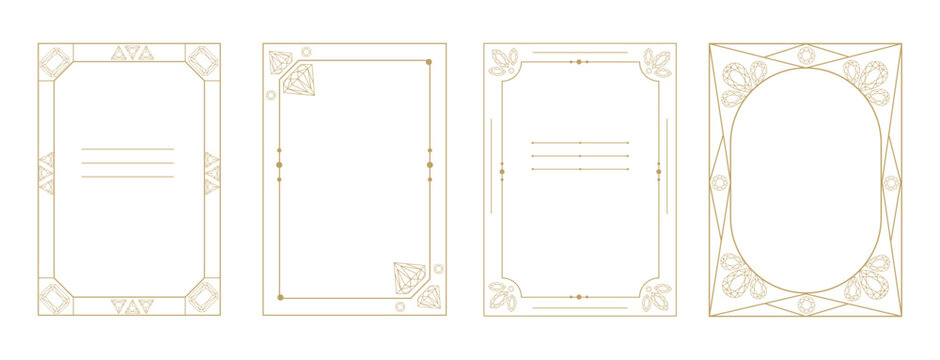 Elegant Frame templates set with gemstones in outline style for wedding invitations, branding, packaging, menus, labels and printable stationery, certificates and covers. Vector illustration