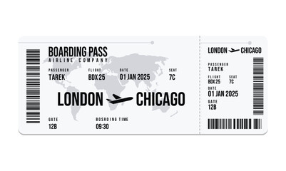 Airline Boarding Pass Ticket with Passenger Information for Flight to Chicago © Creative Tarek