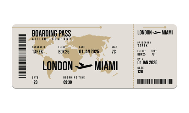 Beige boarding pass with world map from London to Miami on white backdrop