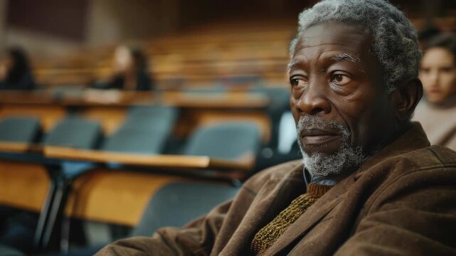 Famous actor with gray hair, beard and mustache sits in a classroom setting.