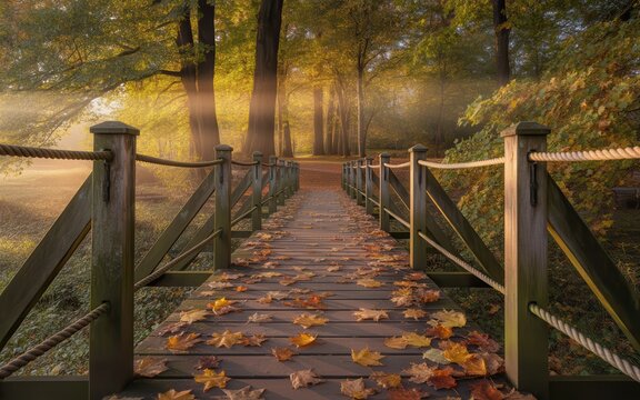 Wooden bridge covered in fallen autumn leaves bathed in warm golden sunlight