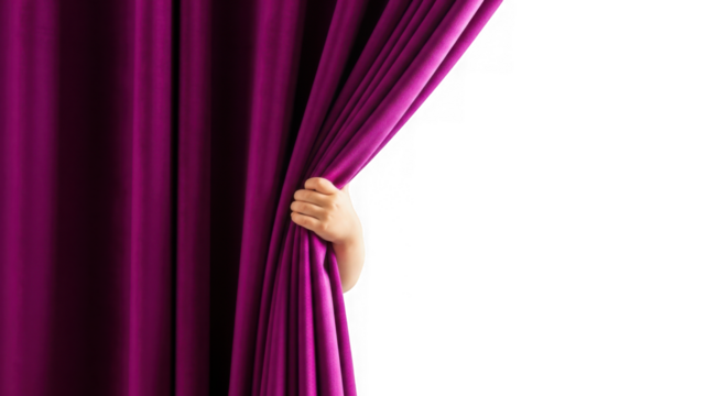 Hand pulling open a luxurious purple theater curtain isolated on transparent background
