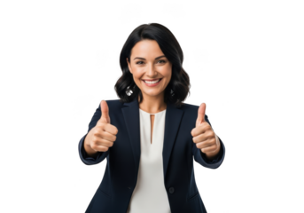 Smiling professional woman in a dark suit and white blouse giving two thumbs up gesture isolated on transparent background