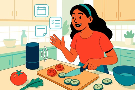 Woman cooking with voice assistant in a smart home kitchen