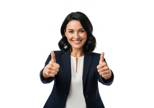 Smiling professional woman in a dark suit and white blouse giving two thumbs up gesture isolated on transparent background