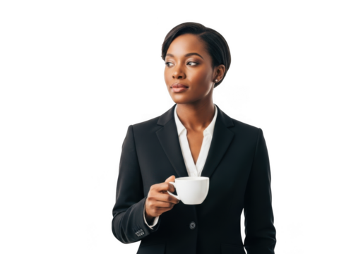 Professional african american woman in business attire holding a white coffee cup isolated on transparent background
