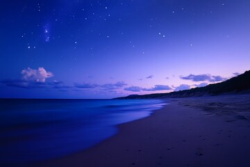 Night beach scene, stars, calm water