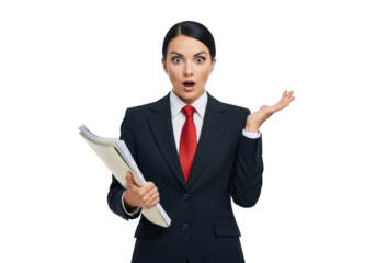 Surprised businesswoman wearing a formal suit and red tie holding documents expressing shock and confusion isolated on transparent background