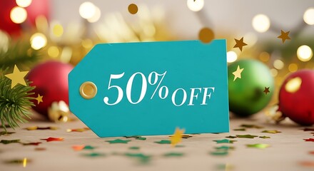 Festive 50 off sale tag with christmas decorations and gold confetti