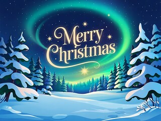 Fototapeta premium Merry Christmas Winter Landscape Greeting Card with Snowy Pine Trees and Bright Aurora Northern Lights in Night Sky
