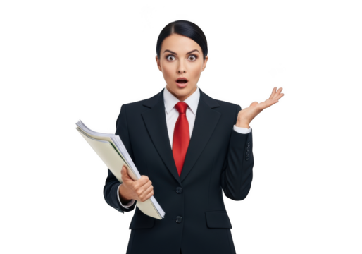 Surprised businesswoman wearing a formal suit and red tie holding documents expressing shock and confusion isolated on transparent background