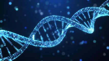 A seamless, abstract animation of a sparkling, blue double helix DNA strand rotating and floating in a dark, futuristic background with glowing particles and bokeh effects. - Powered by Adobe