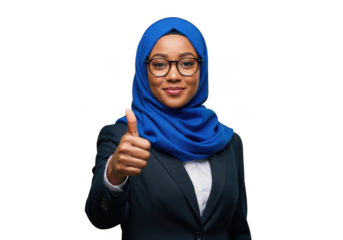 Smiling muslim woman wearing a blue hijab and glasses gives a thumbs up gesture isolated on transparent background