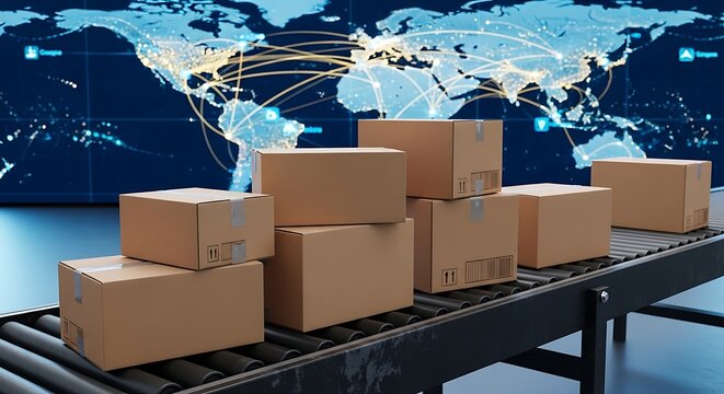 Global Logistics - Cardboard Boxes on Conveyor Belt with World Map.