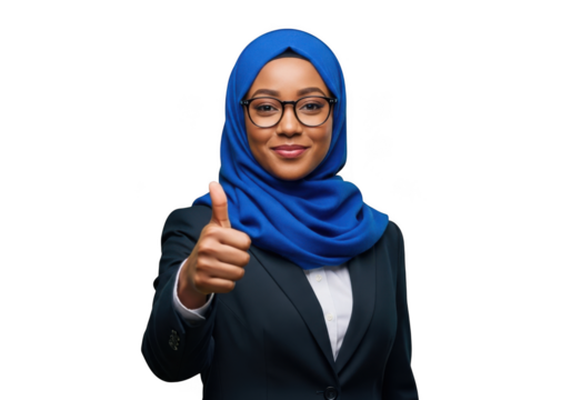 Smiling muslim woman wearing a blue hijab and glasses gives a thumbs up gesture isolated on transparent background