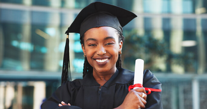 Happy, black woman and portrait with certificate for graduation or university qualification. Female person, graduate or student with smile or milestone for academic achievement, education or success