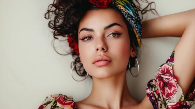 A close-up of a woman with closed eyes wearing a floral dress and accessories.