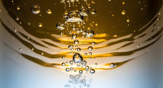 Effervescent golden bubbles rising in liquid surface with reflections and light refraction - Powered by Adobe
