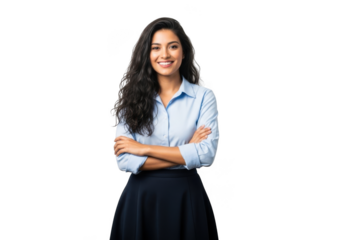 Smiling young woman with long dark hair wearing a light blue button up shirt and dark skirt isolated on transparent background