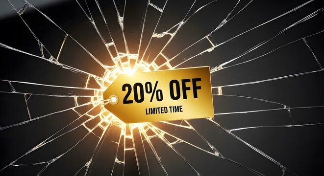 Gold 20 percent off limited time tag on broken glass background abstract artwork - Powered by Adobe