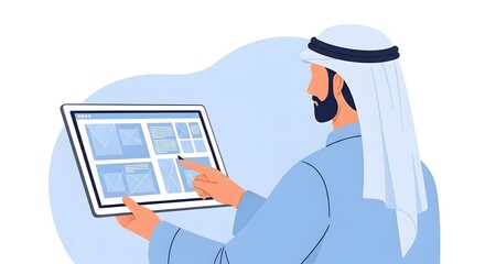 A professional man in traditional Middle Eastern attire using a digital tablet to analyze data and graphs in a modern office environment