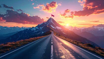 Road leads to a mountain peak topped with a flag under a vibrant sunset sky over snowy mountain range