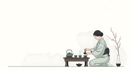Minimalist illustration of a woman in kimono performing a traditional tea ceremony with copy space