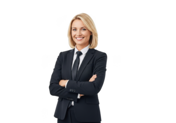 Professional blonde businesswoman in a dark suit with arms crossed smiling confidently isolated on transparent background