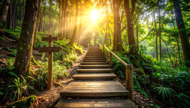 Sunlit wooden stairs lead through a lush forest, with a signpost