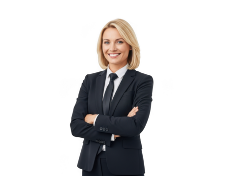 Professional blonde businesswoman in a dark suit with arms crossed smiling confidently isolated on transparent background