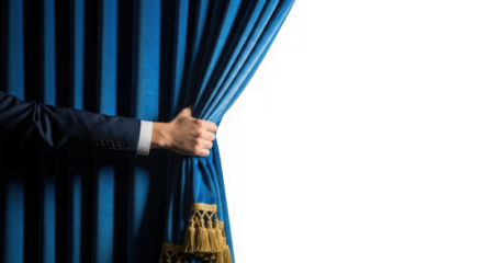 Hand pulling open a blue velvet theater curtain isolated on transparent background