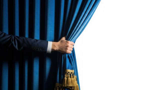 Hand pulling open a blue velvet theater curtain isolated on transparent background